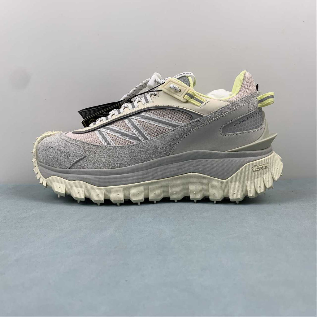 Moncler x Hoka Mafate Speed    Gray & Cream Sneakers with Lime Accents