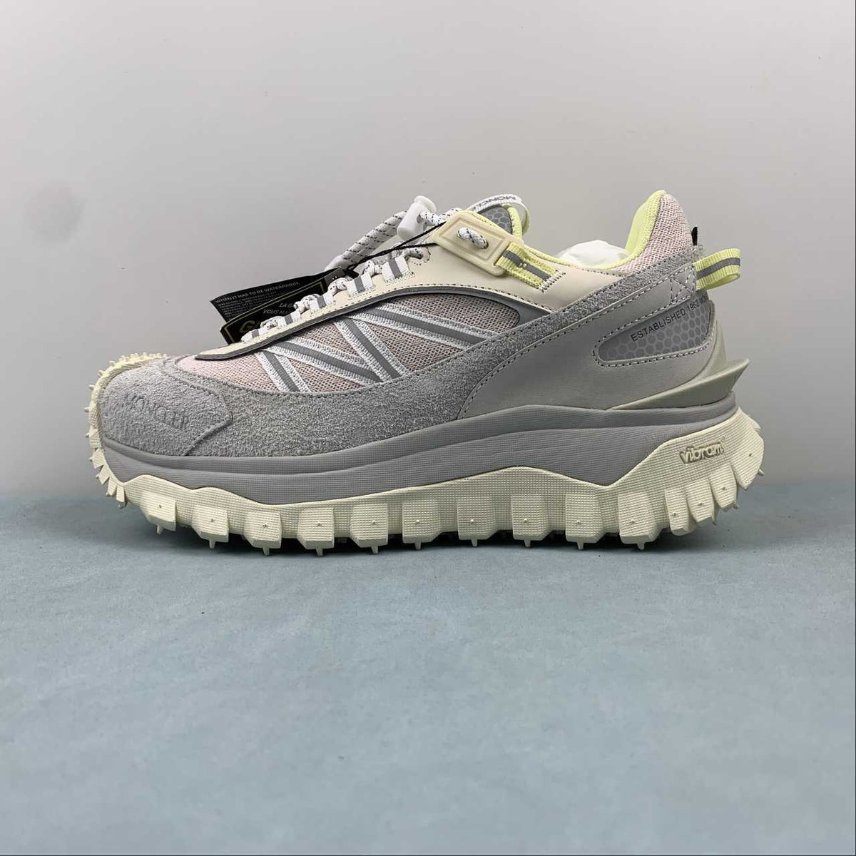 Moncler x Hoka Mafate Speed    Gray & Cream Sneakers with Lime Accents