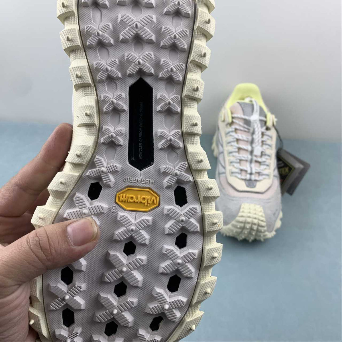 Moncler x Hoka Mafate Speed    Gray & Cream Sneakers with Lime Accents