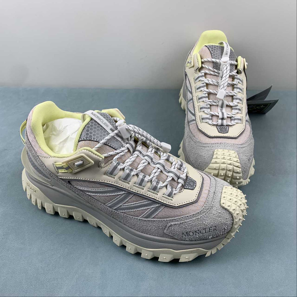 Moncler x Hoka Mafate Speed    Gray & Cream Sneakers with Lime Accents